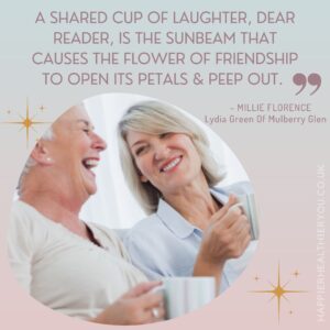 Two friends laughing over a cup of coffee